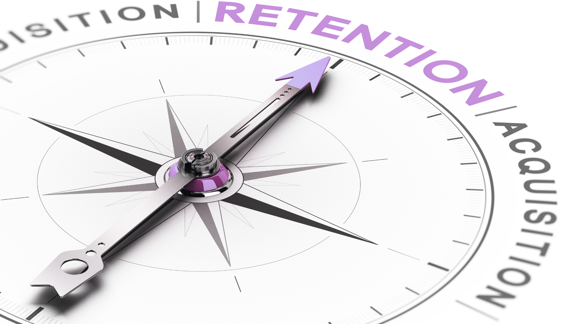 Compass with a purple arrow pointing toward ‘RETENTION,’ illustrating the concept of customer retention over acquisition.