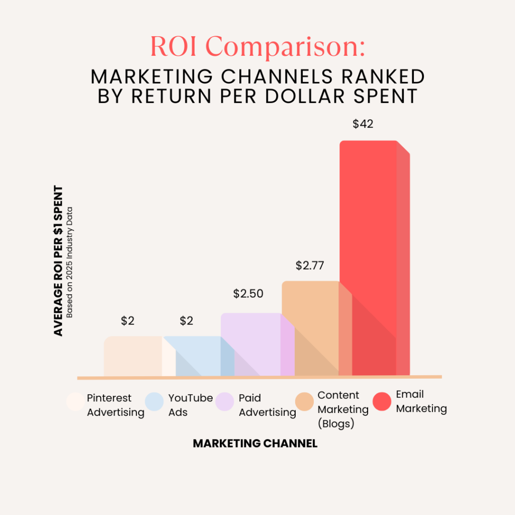 Bar chart comparing the average ROI for different marketing channels per dollar spent, showing email marketing at $42, content marketing (blogs) at $2.77, paid advertising at $2.50, and Pinterest and YouTube advertising at $2 each.