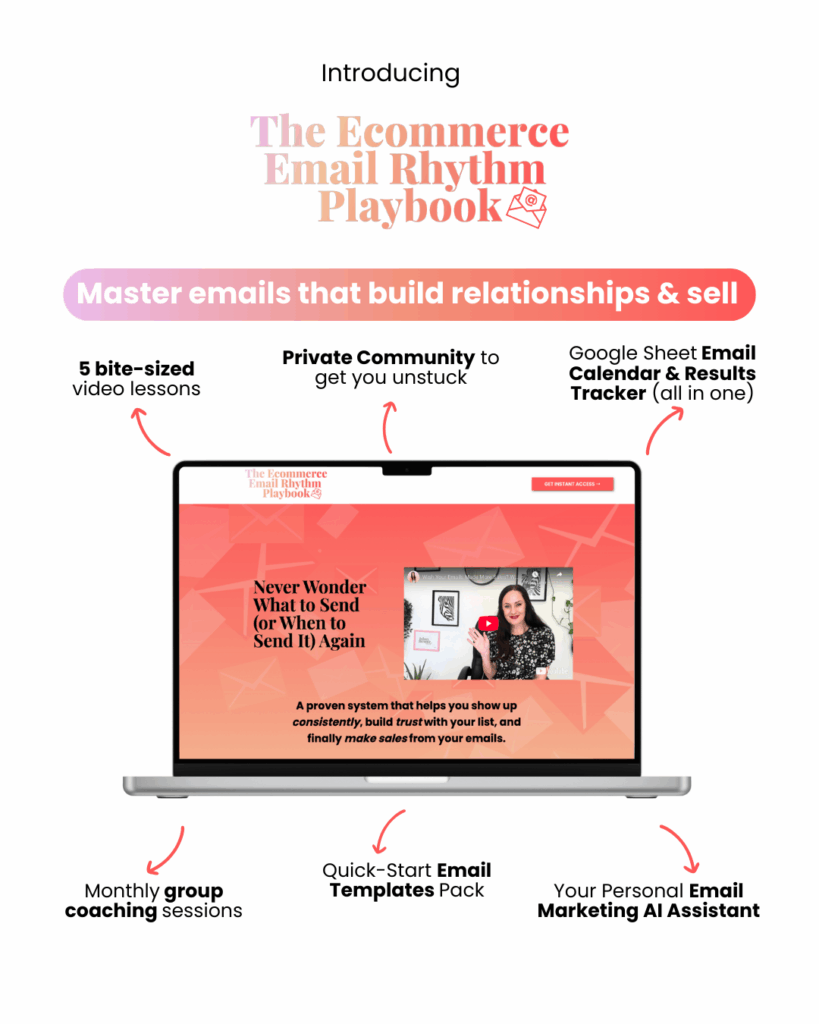 Promotional graphic for The Ecommerce Email Rhythm Playbook showing course features: 5 bite-sized video lessons, private community, group email calendar and results tracker, monthly coaching sessions, email templates pack, and personal email marketing AI assistant. Tagline: Master emails that build relationships and sell